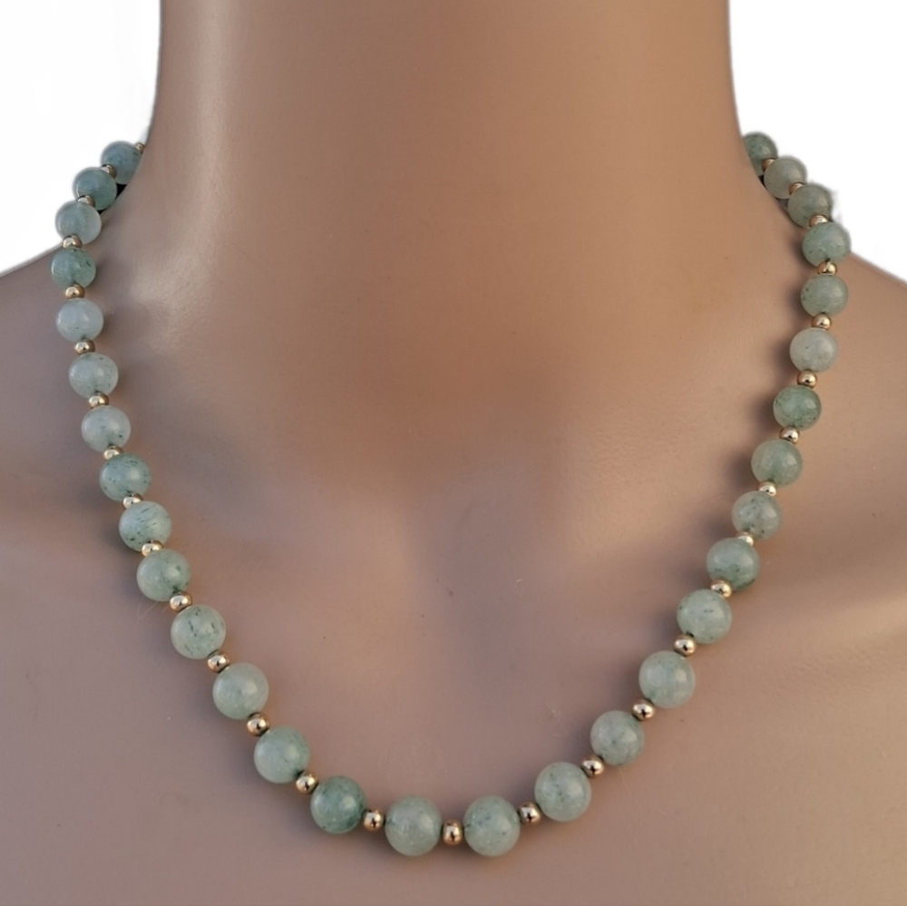 Pale Green Prehnite & Gold Bead Necklace – Statement Gemstone Piece